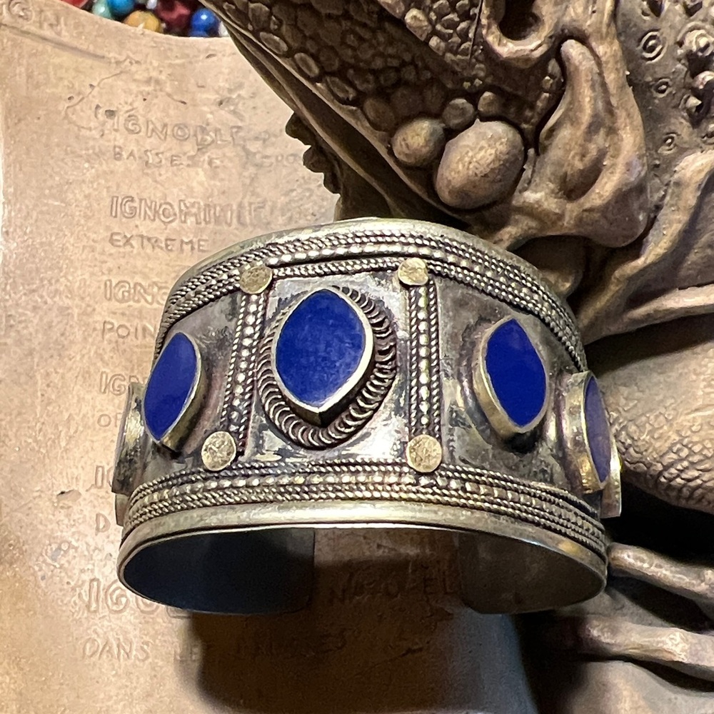 Silver Tone Cuff Bracelet with Blue Accents
